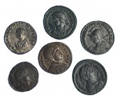 Lote de 6 follis reducidos: Licinio II (2), Cosntantino I, Crispo, Constantino II y Constancio II. MBC+/ EBC-.