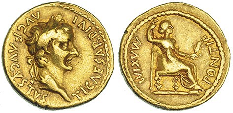 TIBERIO. Áureo. Roma (14-17). A/ TI. CAESAR DIVI. AVG. F. AVGVSTVS. R/ Livia sen...