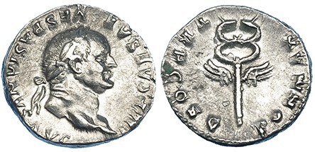 VESPASIANO. Denario. Roma (74). R/ Caduceo alado; PON. MAX. TR. P. COS. V. RIC-7...