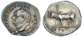 VESPASIANO. Denario. Roma (77-78). R/ Dos bueyes a izq. con yugo: COS. VIII. RIC-107. CH-134. Bonita pátina. EBC-.