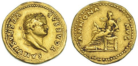 TITO. Áureo. Roma (78-79). Como César. A/ Busto laureado a der.; T. CAESAR VESPA...