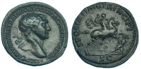 TRAJANO. Dupondio. Roma (103-111). A/ Busto radiado a der., drapeado sobre el hombro izq. R/ Trajano a caballo a der. con lanza sobre dacio; S. P. Q. ...