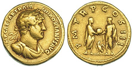 ADRIANO. Áureo. Roma (119-122). A/ Busto laureado y drapeado con coraza a der.; ...