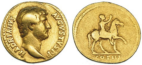 ADRIANO. Áureo. Roma (128-132). A/ Busto a der.; HADRIANVS AVGVSTVS P. P. R/ Adr...
