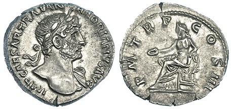 ADRIANO. Denario. Roma (119-122). R/ La Concordia sentada a izq. sosteniendo pát...