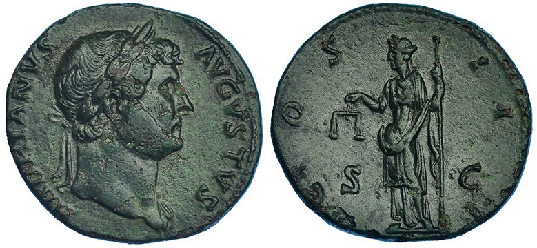 ADRIANO. Sestercio. Roma (125-128 ). A/ HADRIANVS AVGVSTVS. R/ La Equidad con ba...