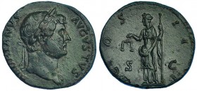 ADRIANO. Sestercio. Roma (125-128 ). A/ HADRIANVS AVGVSTVS. R/ La Equidad con balanza y cetro; COS. III S.C. RIC-637. CH-385. Pátina verde con pequeña...