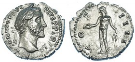 ANTONINO PIO. Denario. Roma (148-149). R/ Genio con pátera y espigas; COS. IIII. RIC-180. CH-218. Pequeñas grietas. EBC-.