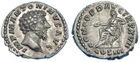 MARCO AURELIO. Denario. Roma (162-163). A/ Busto desnudo a der. R/ La Concordia sentada a izq.; CONCORD. AVG. TR. P. XVII, COS. III. RIC-59. CH-no. EB...