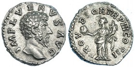 LUCIO VERO. Denario. Roma (161-163). R/ La Providencia a izq. con globo y cornucopia; PROV. DEOR. TR. P. III COS. II. RIC-491. CH-156. EBC.