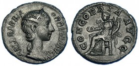 ORBIANA, esposa de Septimio Severo. Denario. Roma (225-227). R/ La Concordia sentada a izq. con pátera y doble cornucopia; CONCORDIA AVGG. RIC-319. SB...