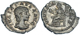 JULIA PAULA, esposa de Heliogábalo. Denario. Roma (219-220). A/ Busto drapeado a der. R/ Venus sentada a izq. sosteniendo globo y cetro; VENVS GENETRI...