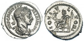 ALEJANDRO SEVERO. Denario. Roma (225). R/ Júpiter sentado a izq. sosteniendo a la Victoria y cetro; IOVI VLTORI. RIC-144. CH-95. SC.