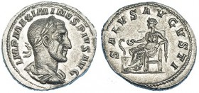 MAXIMINO I. Denario. Roma (235-236). R/ La Salud sentada a izq. alimentando a serpiente dentro de altar; SALVS AVGVSTI. RIC-14. CH-85. EBC+.