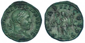 FILIPO I. Sestercio. Roma (246). R/ P. M. TR. P. III COS. P. P. S.C. RIC-149 vte. Bonita pátina verde con tonos oscuros. MBC.