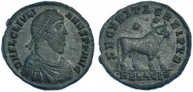 JULIANO II. Doble maiorina. Heraclea (361-363). A/ Busto diademado, perlado, drapeado y con coraza a der. R/ Toro de pie a der., encima dos estrellas;...