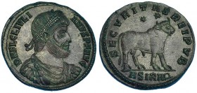 JULIANO II. Doble maiorina. Sirmium (361-363). A/ Busto diademado, perlado, drapeado y con coraza a der.; D. N. FL. CL. IVLIANVS. P. F. AVG. R/ Toro a...