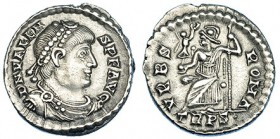 VALENTE. Silicua. Tréveri (367-375). R/ Roma sentada a izq. con la Victoria y lanza; TRPS. RIC-27. MBC+.