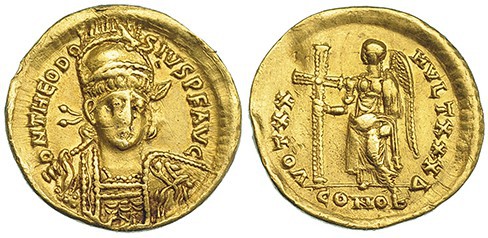 TEODOSIO II. Sólido. Constantinopla, D (420-422). R/ La Victoria de pie a izq. s...