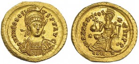 TEODOSIO II. Sólido. Constantinopla (441-450). A/ D.N. THEODOSIVS• P•F AVG. R/ imp. xxxxii cos. xvii .P.p conob. RIC-285. EBC.