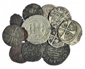 Lote de 14 monedas: 11 vellones y cobres y 3 de plata. Alfonso I (esposo de Urraca), Alfonso X, Sancho IV, Enrique II, Enrique III, Jaime I , Felipe I...