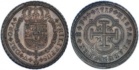 Prueba en bronce de 4 escudos. 1719. Segovia. F. Cordoncillo en el canto. AE 12,97 g. Ø 32,5 mm. Muy intesante. EBC-. Rarísima.