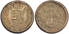 Prueba en cobre de 8 escudos. 1719. Segovia. F. Cordoncillo en el canto. AE 21,7 g. Ø 37mm. Leves oxidaciones. Muy interesante, MBC. Rarísima. Interes...