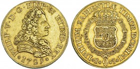 8 escudos. 1729. Sevilla. Ley.: PHILP. VI-1786. Pequeñas marcas y hojita en el rev. MBC.