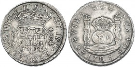 8 reales. 1768. Guatemala. P. VI-853. Cuño empastado en la parte superior del rev. MBC. Escasa.