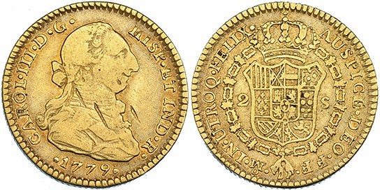 2 escudos. 1779. México. FF. Ceca y ensayador invertidos. VI-1318. Rayas en el a...