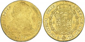 8 escudos. 1777. Santiago. DA. VI-1760. Leve doble acuñación en el anv. R.B.O. MBC/EBC. Escasa.