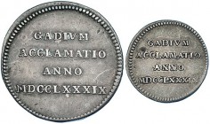 2 medallas de proclamación. 1789. Cádiz. AR 28 y 18,5 g. H-18 y 19. MPN-133 y 134 vte. MBC+/MBC.