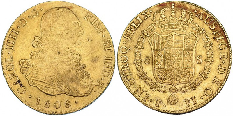 8 escudos. 1808, Potosí. PJ. VI-1411. Hojita en el anv. MBC-/MBC.