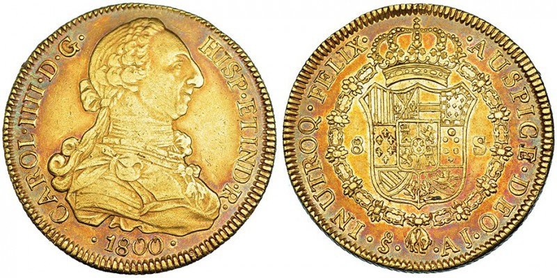 8 escudos. 1800. Santiago. AJ. VI-1426. Bonita pátina. MBC+/EBC-.
