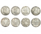 4 monedas de 8 reales: 1808, Potosí, Carlos IV; 1811, Lima; 1818 y 1820, México. Todas difenretes. MBC-/MBC+.