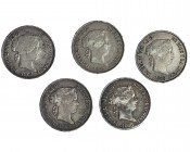 5 monedas de 50 centavos de peso. 1868. Manila. MBC-/MBC.