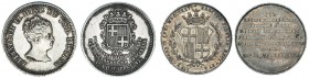 2 medallas de Barcelona. Mayoría de edad, 1843, AR 24mm y boda real, 1846, AR 23mm. H-3 y MPN-662. MBC+/EBC-.