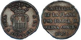 Medalla mayoría de edad. 1843. Castellón de la Plana. AE-18mm. H-5 vte. MPN-no. Cospel falto. MBC. Escasa.