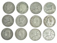Colección de 12 monedas de 2 pesetas diferentes. 1869; 1870 *70, 73, 74 y 75; 1881, 1882, 1884, 1892, 1894 y 1905. BC+/MBC.