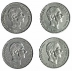 4 monedas de 50 centavos de peso. 1885. Manila. Calidad media EBC-.