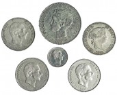 6 monedas: 10 centavos de peso, 1885; 50 centavos de peso, 1868, 1881 (2), 1885 y peso, 1897. Manila. MB/MBC+.