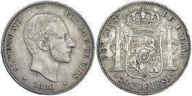 50 centavos de peso. 1880. Manila. VII-75. MBC. Rara.