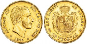 25 pesetas. 1885 *18-85. Madrid. MSM. VII-114. EBC-. Rara.