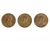 3 monedas de 1 céntimo: 1911, 1912 y 1913. Madrid. OCV. VII-128, 129 y 130. R.B.O. Calidad media EBC.