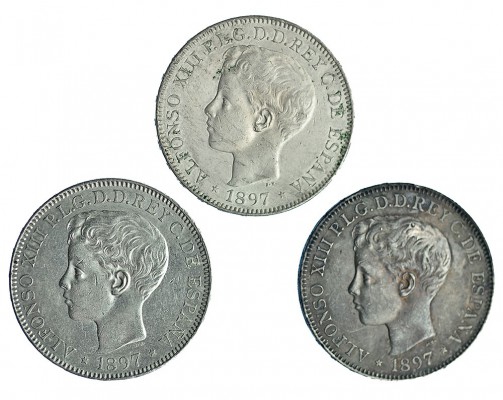 3 monedas de peso. 1897. Manila. Calidad media MBC+.