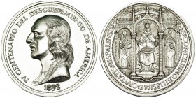 Medalla conmemorativa del IV centenario del Descubrimiento de América. 1892. AR 50mm. Grabador: E.L.L. MPN-1000. EBC/EBC+. Muy escasa.
