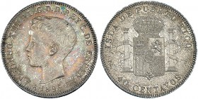 40 centavos de peso. 1896. Puerto Rico. PGV. VII-176. EBC-/EBC. Muy escasa.