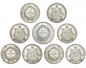 FRANCIA. 9 monedas: 10 francos (8), los de 1969 con corte en el canto y 50 francos. 1965-1974. Todas difentes. EBC-/EBC+.
