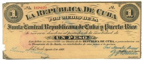 Junta Central República de Cuba y Puerto Rico. 3 billetes de 1 peso. 8-1869. ED-CU32. Pequeñas roturas en los bordes. MBC+.