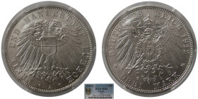 GERMAN STATES, Lubeck. Silver 3 Marks, dated 1912-A. PCGS -MS 64.